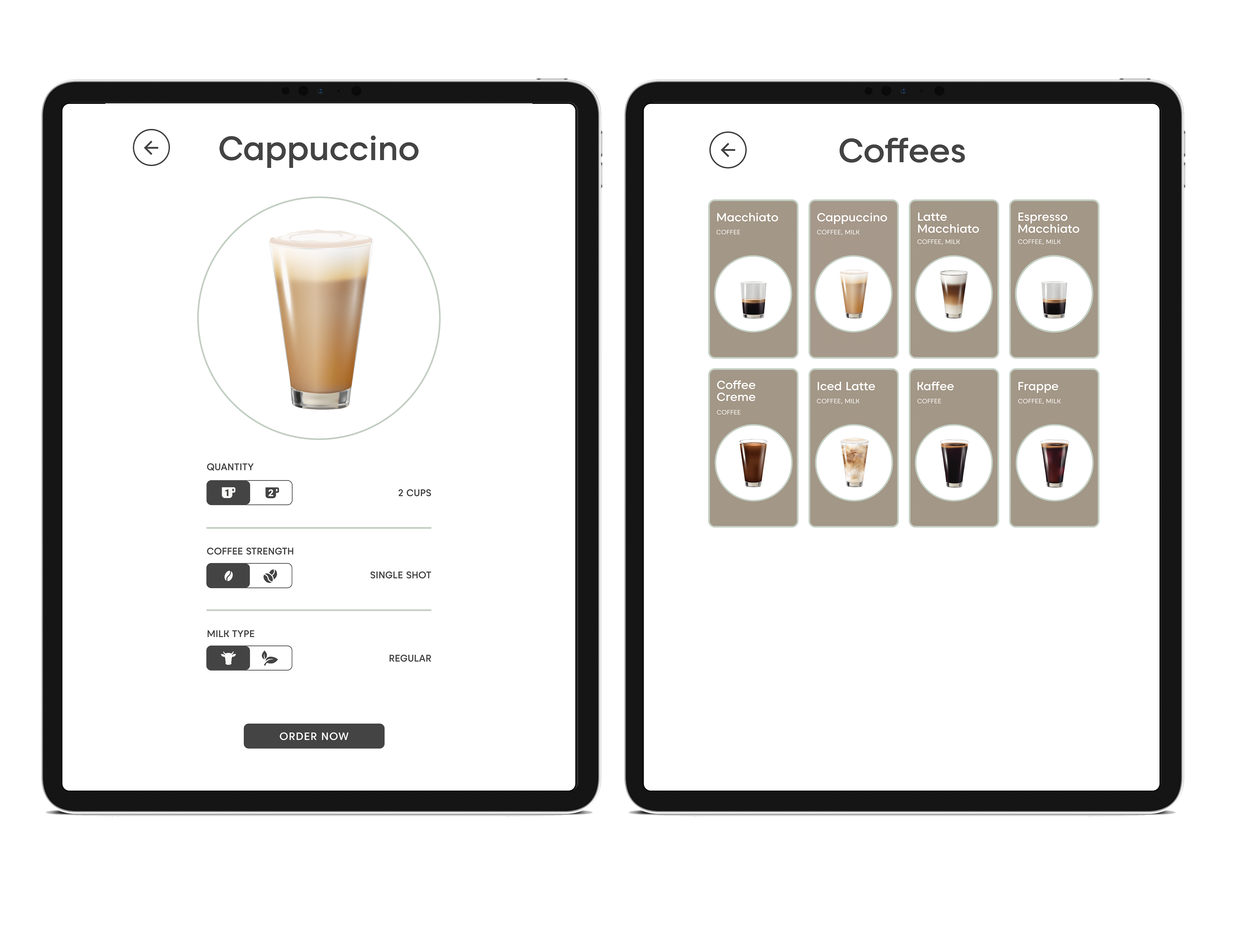 mock-up UI coffee menu on a tablet